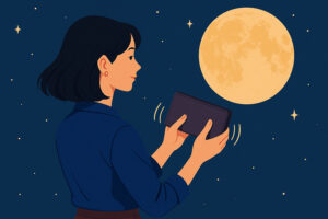 満月のお財布フリフリのおまじないをする女性のイラスト
