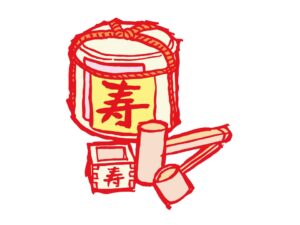 縁起の良い寿と書かれた御神酒の樽と桝のイラスト