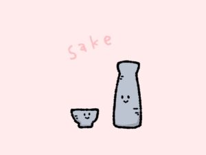かわいいお猪口ととっくりのキャラクターイラスト（御神酒のイメージ）
