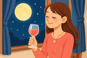 恋愛運アップの月見酒をする女性のイラスト