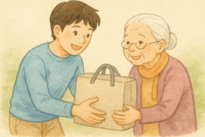おばあちゃんの荷物を持ってあげる優しい青年｜身施のイメージイラスト