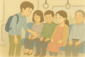 妊婦さんに席を譲る青年｜床座施のイメージイラスト