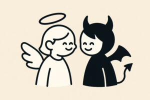 天使と悪魔が微笑みあってるイラスト|悪縁がきれると同じ人との縁が良縁で結びなおされることもある