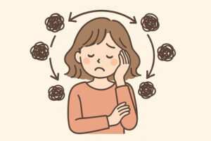 思考がグルグルする女性|散らかった部屋がストレスを増幅するイメージイラスト