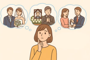 結婚式・お葬式・契約の日取りを考える女性のイラスト