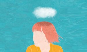 頭の上に雲が漂う女性のイラスト｜自己成就予言のイメージ