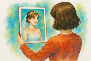 自分の結婚式の写真を見つめる女性のイメージ