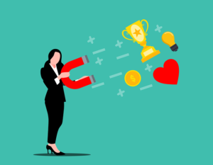 行動力アップでお金も仕事の結果も引き寄せる女性のイメージイラスト