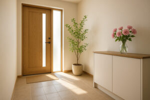 生花が飾ってある光差し込む明るい玄関