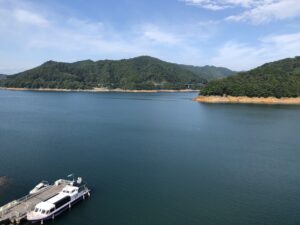 水の郷大つり橋からの景色と遊覧船