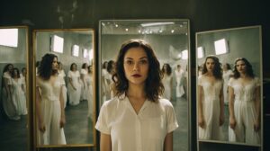 ちょっと怖い合わせ鏡にたくさんの女性が映るイメージ