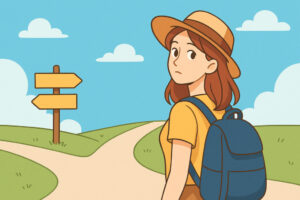 二股の道で振り返る女性のイラスト